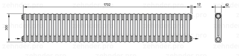 Схема (чертеж) Радиатор Zehnder Charleston 2030/37 №2670 Белый глянцевый RAL 9016
